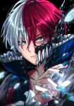  1boy absurdres black_nails blue_eyes boku_no_hero_academia burn_scar closed_mouth esora-arts grey_eyes half_mask heterochromia highres looking_at_viewer male_focus mask multicolored_hair redhead scar scar_on_face solo split-color_hair todoroki_shouto two-tone_hair white_hair 