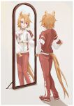  1girl animal_ears from_behind from_side grey_background gym_uniform hair_between_eyes horse_ears horse_girl horse_tail jacket kaulen.f long_sleeves looking_at_mirror mirror orange_hair pants red_footwear red_jacket red_pants red_track_suit short_hair simple_background solo t.m._opera_o_(umamusume) tail tail_through_clothes tracen_training_uniform track_jacket track_pants umamusume violet_eyes 
