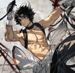  1boy abs absurdres animal_ears arknights arsh_(thestarwish) artist_name black_hair braid brown_eyes commentary_request cow_boy cow_ears cow_horns gloves highres horns male_focus muscular nipples no_shirt pants wan_qing_(arknights) white_gloves 