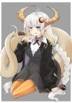  1girl :p ahoge black_jacket blue_eyes blush braid breasts closed_mouth collared_shirt commentary cross_tie curled_horns dragon_girl dress fingernails food food_on_face grey_background grey_dress grey_hair hair_ornament hand_up highres holding holding_with_tail horns jacket kizuna_akari long_hair long_sleeves looking_at_viewer medium_breasts open_clothes open_jacket orange_nails orange_thighhighs outside_border pantyhose pointy_ears prehensile_tail scales sharp_fingernails shirt short_dress simple_background sitting skewer sleeves_past_wrists smile solo striped_clothes striped_thighhighs tail thigh-highs tongue tongue_out twin_braids twintails vertical-striped_clothes vertical-striped_thighhighs very_long_hair voiceroid white_shirt yokozuwari zooanime 