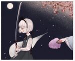  2girls black_bow black_bowtie black_hairband black_ribbon bob_cut bow bowtie cherry_blossoms closed_mouth collared_shirt commentary_request falling_petals from_side full_moon green_skirt green_vest hairband hand_fan highres holding holding_fan holding_sword holding_weapon katana konpaku_youmu long_sleeves moon multiple_girls night night_sky out_of_frame petals profile red_eyes ribbon saigyouji_yuyuko sheath sheathed shirt short_hair skirt sky sword touhou unsheathed vest wakizashi weapon white_hair white_shirt wide_sleeves yujup 