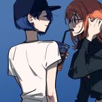  2girls baseball_cap black_shirt blue_background blue_eyes blue_hair blue_headwear blush brown_hair closed_mouth collared_shirt commentary cup dress_shirt drinking_straw drinking_straw_in_mouth earrings film_grain from_behind glasses hair_tucking hanasato_minori hat highres holding holding_cup jewelry kani_(kaniya) kiritani_haruka long_sleeves looking_at_another multiple_girls project_sekai shirt short_hair short_sleeves sidelocks simple_background smile stud_earrings sweatdrop upper_body white_shirt yuri 