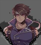  1boy belt blue_coat brown_hair castlevania:_rondo_of_blood castlevania_(series) chain character_name closed_mouth coat collarbone commentary_request dark_persona grey_background headband kotorai looking_at_viewer male_focus red_eyes richter_belmont short_hair signature solo splatter straight-on torn_clothes torn_sleeves upper_body white_headband 