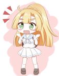  1girl :d backpack bag blonde_hair blush_stickers brown_footwear chibi full_body green_eyes hachimi lillie_(pokemon) long_hair looking_at_viewer open_mouth pleated_skirt pokemon pokemon_sm ponytail shirt shoes skirt smile socks solo white_shirt white_skirt white_socks 