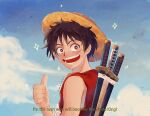  1boy back black_hair clouds english_commentary hat looking_at_viewer male_focus monkey_d._luffy one_piece red_shirt scar scar_on_face shirt short_hair sky sleeveless sleeveless_shirt smile smolkeii solo star_(symbol) straw_hat sword sword_on_back upper_body weapon weapon_on_back 