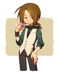  1boy black_necktie black_pants black_wristband border brown_hair collared_shirt cosplay cropped_legs facial_hair fingernails goatee_stubble green_shirt hand_on_own_hip jewelry kaburagi_t._kotetsu kaburagi_t._kotetsu_(cosplay) kiri_futoshi long_sleeves looking_to_the_side male_focus mr._kk mustache_stubble necktie pants pop&#039;n_music ring shirt short_ponytail stubble tiger_&amp;_bunny vest white_border white_vest 