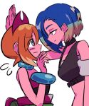  2girls bare_shoulders black_choker blonde_hair blue_eyes blue_hair blush choker crop_top green_hair ida_(idalol490) irida_(pokemon) kabedon looking_at_another midriff multicolored_hair multiple_girls perrin_(pokemon) pokemon pokemon_legends:_arceus pokemon_sv short_hair two-tone_hair white_background yuri 