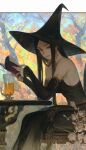  1girl black_dress black_hair book breasts dress earrings flower forest glass hat highres jewelry long_hair looking_at_viewer morry nature open_book open_mouth original red_eyes sitting solo witch witch_hat 
