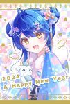  1girl 2024 absurdres ahoge amamiya_kokoro blue_flower blue_hair blue_kimono double_bun fang floral_print_kimono flower fur_scarf hair_bun hair_flower hair_ornament hair_ribbon happy_new_year highres japanese_clothes kimono nijisanji open_mouth pink_flower ribbon shiohari_kanna skin_fang smile solo virtual_youtuber wide_sleeves yellow_eyes 