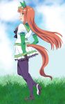  black_gloves black_pantyhose clouds cloudy_sky dress ear_covers full_body gloves grass green_dress green_eyes high_heels highres horse_girl horse_tail long_hair looking_to_the_side open_mouth outdoors pantyhose pleated_dress puffy_sleeves redhead silence_suzuka_(umamusume) sky standing standing_on_one_leg supudere_(doki2sdale) tail two-tone_dress umamusume white_dress 