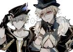  2boys aventurine_(honkai:_star_rail) black_gloves black_headwear black_jacket black_joke blonde_hair bracelet caelus_(honkai:_star_rail) close collarbone earrings fingerless_gloves fur_trim glasses gloves hair_between_eyes hand_on_own_chin hat heart highres honkai:_star_rail honkai_(series) jacket jewelry looking_at_another male_focus multiple_boys pectoral_cleavage pectorals rei_owo7 shirt short_hair simple_background smile speech_bubble star_(symbol) sweatdrop trailblazer_(honkai:_star_rail) upper watch watch white_background white_shirt 