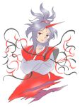  1girl ambiguous_red_liquid crossed_arms grey_hair horns konngara_(touhou) long_hair long_sleeves nonamejd official_style red_eyes red_horns red_lips simple_background single_horn smile solo touhou touhou_(pc-98) white_background zun_(style) 