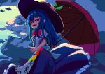  1girl black_headwear blue_hair blue_skirt bow bowtie brodall_pixel center_frills clouds commentary_request frills hinanawi_tenshi holding holding_umbrella leaf long_hair looking_at_viewer open_mouth outdoors peach_hat_ornament pixel_art rainbow_order red_bow red_bowtie red_eyes red_umbrella shirt short_sleeves sidelocks skirt sky solo teeth touhou umbrella upper_teeth_only white_shirt 