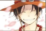  1boy black_hair closed_eyes commentary_request falling_petals freckles jewelry male_focus necklace nekochanko1 one_piece orange_headwear petals portgas_d._ace short_hair smile solo 