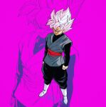  1boy artist_name belt black_shirt boots dragon_ball dragon_ball_super earrings fenyon goku_black highres jewelry looking_at_viewer pink_hair potara_earrings red_belt shirt single_earring smirk solo spiky_hair white_footwear 