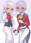  2girls ascot black_shirt brooch dark-skinned_female dark_skin gloves highres holding_hands jacket jewelry long_hair looking_at_viewer multiple_girls mutsuba_asaka mutsuba_asana pants red_ascot shirt tailcoat violet_eyes white_gloves white_hair white_jacket white_pants yellow_ascot yu-gi-oh! yu-gi-oh!_go_rush!! yu-gi-oh!_sevens yuzutaroman 