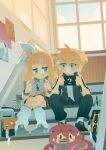  1boy 1girl :i ahoge annoyed aqua_eyes backpack bag bass_clef black_footwear black_pants blonde_hair blue_sky blush bow brother_and_sister bubble_tea clouds collared_shirt eye_contact gakuran game_boy grey_bag grey_footwear grey_sailor_collar grin hair_bow hair_ornament hairclip handheld_game_console highres holding holding_handheld_game_console jacket jitome kagamine_len kagamine_rin leg_warmers long_eyelashes long_sleeves looking_at_another loose_leg_warmer medium_hair megurine_luka neckerchief nintendo_switch no_lineart open_clothes open_jacket pants pigeon-toed pink_hair pleated_skirt poster_(object) projecttiger sailor_collar school school_uniform serafuku shirt shoes short_ponytail siblings sideways_glance sitting sitting_on_stairs skirt sky sleeves_rolled_up smile sneakers soda sparkle stairs sweatdrop swept_bangs takoluka tentacle_hair treble_clef tsurime twins unamused unbuttoned_jacket v-shaped_eyebrows vocaloid wavy_mouth white_bow white_leg_warmers white_shirt window yellow_bag yellow_nails yellow_neckerchief 