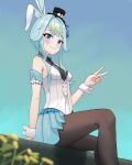  1girl absurdres animal_ears arm_garter armpit_crease blue_eyes blue_hair blue_sky hair_ribbon hat highres kaemble kaminari_clara leotard looking_at_viewer multicolored_hair phase_connect rabbit_ears ribbon see-through sky solo streaked_hair v virtual_youtuber white_wrist_cuffs wrist_cuffs 