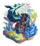  bare_tree blue_eyes blue_scales claws colored_skin crystal dirt fangs fern glavenus grass highres ivy leaf lizard_tail looking_to_the_side monster monster_hunter_(series) multicolored_skin nature necowantaro plant red_scales simple_background spikes tail tree white_background 