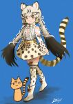  1girl animal_ears blue_background boots bow bowtie cat_ears cat_girl cat_tail extra_ears full_body garter_straps geoffroy&#039;s_cat_(kemono_friends) green_eyes grey_hair highres kemono_friends kemono_friends_v_project long_hair looking_at_viewer microphone muromitsu_t2 ribbon shirt simple_background skirt solo suspenders tail thigh-highs twintails virtual_youtuber 