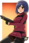  1girl ada_wong ada_wong_(cosplay) black_footwear black_gloves black_pantyhose blue_hair boots cosplay gloves goriate gun highres holding holding_gun holding_weapon nijisanji pantyhose red_sweater resident_evil resident_evil_4 resident_evil_4_(remake) ribbed_sweater shizuka_rin short_hair smile solo sweater swept_bangs thigh_boots virtual_youtuber weapon yellow_eyes 