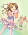  2girls bare_shoulders bow brown_eyes brown_hair chibi dress gradient_background green_background hair_bow holding idol idolmaster idolmaster_cinderella_girls kawaseki legs_apart legwear_garter long_hair looking_at_viewer multiple_girls one_eye_closed one_side_up pink_bow pink_dress short_sleeves smile standing star-shaped_pupils star_(symbol) symbol-shaped_pupils takamori_aiko thigh-highs v white_thighhighs yokoyama_chika zettai_ryouiki 