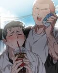  2boys black_hair black_jacket blush closed_eyes clouds collared_shirt cup day disposable_cup drinking drinking_straw highres holding holding_cup jacket male_focus mew_shepherd mito_youhei multiple_boys one_eye_closed outdoors redhead sakuragi_hanamichi shirt short_hair sky slam_dunk_(series) sweat white_shirt 