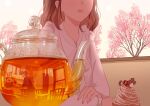  1boy 1girl absurdres brown_hair cherry_blossoms dessert earrings food glass_teapot highres indoors jewelry mont_blanc_(food) nap_on_a_cloud original pastry reflection shirt tea teapot waiter white_shirt window 