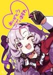  1girl ;d asazuke25 black_gloves crayon dress drill_hair gloves half_gloves headband heart highres hyakumantenbara_salome hyakumantenbara_salome_(1st_costume) juliet_sleeves long_sleeves nijisanji one_eye_closed puffy_sleeves purple_hair red_dress simple_background smile solo violet_eyes virtual_youtuber wrist_cuffs yellow_background 