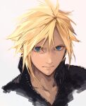  1boy black_shirt blonde_hair blue_eyes closed_mouth cloud_strife collarbone commentary_request final_fantasy final_fantasy_vii final_fantasy_vii_advent_children hair_between_eyes kiki_lala looking_at_viewer male_focus popped_collar portrait shirt short_hair solo spiky_hair upper_body zipper 