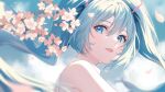  1girl absurdres aqua_eyes aqua_hair bare_shoulders blue_eyes blue_hair blurry blurry_background blurry_foreground cherry_blossoms day depth_of_field eyelashes falling_petals floating_hair flower from_side hair_between_eyes hair_ornament hatsune_miku highres light_smile long_hair looking_at_viewer mao_shi_shisan open_mouth outdoors parted_lips petals pink_flower portrait shirt sky sleeveless sleeveless_shirt smile solo twintails upper_body very_long_hair vocaloid white_shirt 