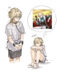  1boy aventurine_(honkai:_star_rail) barefoot blonde_hair brown_shorts chain chain_leash collar cuffs handcuffs highres honkai:_star_rail honkai_(series) leash literally1me male_focus on_ground restrained shirt short_hair shorts simple_background sitting solo violet_eyes white_background white_shirt 