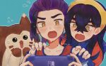  1boy 1girl black_hair blush brother_and_sister carmine_(pokemon) crossed_bangs flying_sweatdrops furret hair_between_eyes holding kieran_(pokemon) long_hair mimita_3o3 mole mole_on_neck mole_under_eye multicolored_hair nintendo_switch nintendo_switch_lite open_mouth orange_eyes pokemon pokemon_(creature) pokemon_sv purple_hair red_tank_top redhead siblings simple_background sparkle sweat tank_top twitter_username upper_body 