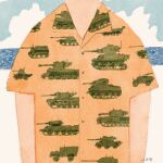  1boy blue_sky clouds day hawaiian_shirt highres iida_kento ocean orange_shirt original outdoors shirt sky solo tank_print water 
