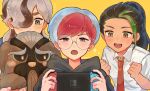  1boy 2girls arven_(pokemon) black_hair blue_hair brown_hair clenched_hands collared_shirt glasses green_hair grey_hair hair_over_one_eye handheld_game_console highres holding hood hoodie long_hair mabosstiff mimita_3o3 multicolored_hair multiple_girls necktie nemona_(pokemon) nintendo_switch open_mouth penny_(pokemon) pokemon pokemon_(creature) pokemon_sv ponytail red_necktie redhead round_eyewear shirt short_hair simple_background sparkle streaked_hair twitter_username white_shirt yellow_background 