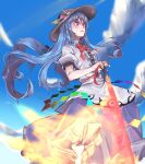  1girl black_headwear blue_hair blue_skirt blue_sky blush bow bowtie hand_on_hilt highres hinanawi_tenshi holding holding_sword holding_weapon kanaria_(bocmn) leaf long_hair outdoors peach_hat_ornament rainbow_gradient red_bow red_bowtie red_eyes short_sleeves skirt sky solo sword sword_of_hisou touhou weapon 