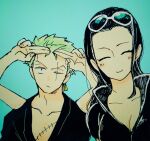  1boy 1girl black_hair black_kimono blue_background blush closed_eyes earrings english_commentary extra_arms eyewear_on_head green_hair japanese_clothes jewelry kimono looking_at_viewer nico_robin niwatori_bosori one_piece roronoa_zoro scar scar_across_eye scar_on_chest sidelocks taiyonohigaci v-shaped_eyebrows 