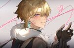  1boy absurdres aventurine_(honkai:_star_rail) black_gloves blonde_hair blood blood_on_face blood_on_hands bracelet ear_piercing earrings fur_trim gloves hair_between_eyes highres honkai:_star_rail honkai_(series) jewelry lion_2929 looking_at_viewer male_focus piercing ring short_hair simple_background solo violet_eyes 