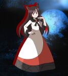  1girl animal_ears asatsuki_(fgfff) blue_moon brooch brown_hair dress fingernails full_body full_moon hair_between_eyes hand_on_own_hip highres imaizumi_kagerou jewelry long_hair long_sleeves looking_at_viewer moon multicolored_clothes multicolored_dress print_dress puffy_long_sleeves puffy_sleeves red_eyes red_nails sharp_fingernails smile solo touhou wolf_ears wolf_girl 