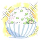  1girl :3 animal_ears ayakashi_(monkeypanch) blush_stickers bowl bright_pupils chibi commentary edamame_(food) food green_hair hair_between_eyes highres in_bowl in_container light_blush long_hair looking_at_viewer rice rice_bowl solo sparkle voicevox white_background white_pupils yellow_background yellow_eyes zundamon 