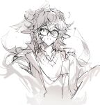  1boy animal_ears anmi arknights book collared_shirt crooked_eyewear flying_paper glasses hair_between_eyes highres jacket katia_naumann long_hair male_focus object_on_head paper shirt simple_background solo sweater upper_body white_background 