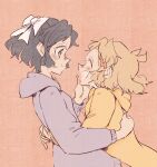  2girls black_hair blonde_hair blush breasts closed_eyes closed_mouth hair_ornament hair_ribbon hairclip hand_on_another&#039;s_cheek hand_on_another&#039;s_face highres hug kohinata_miku looking_at_another multiple_girls open_mouth purple_sweater ribbon senki_zesshou_symphogear simple_background small_breasts smile sweater tachibana_hibiki_(symphogear) upper_body violet_eyes white_ribbon yellow_sweater 