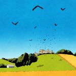  bird blue_sky building castle day field highres house iida_kento original outdoors scenery shadow simple_bird sky tree 