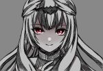  1girl black_choker black_hair choker closed_mouth dark_persona eyelashes fire_emblem fire_emblem_engage grey_background long_hair looking_at_viewer moyashi2656 multicolored_hair red_eyes smile solo two-tone_hair upper_body veyle_(fire_emblem) white_hair wing_hair_ornament 