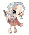  1girl :q closed_mouth commentary_request dot_nose eyebrow_cut full_body glasses grey_hair gun holding holding_gun holding_weapon jacket long_hair miko_(15476997) n-zap_(splatoon) octoling octoling_girl one_eye_closed red_eyes red_jacket simple_background sleeves_past_wrists smile solo splatoon_(series) splatoon_3 standing tentacle_hair tongue tongue_out watermark weapon white_background 