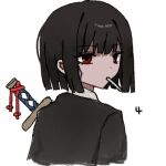  1girl black_hair black_jacket chinese_commentary cigarette closed_mouth commentary_request jacket limbus_company needless_(toyaco) project_moon red_eyes ryoshu_(project_moon) shirt short_hair simple_background solo straight_hair sword weapon white_background white_shirt 