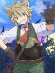  1boy animal_ear_fluff animal_ears asagi1111 bag belt blue_sky brown_bag brown_gloves cat_boy cat_ears clouds commentary_request gloves green_eyes grey_hair hair_between_eyes hand_on_own_hip male_focus milton_(xenoblade) shoulder_bag sky smile solo standing teeth v-shaped_eyebrows waving xenoblade_chronicles_(series) xenoblade_chronicles_2 xenoblade_chronicles_2:_torna_-_the_golden_country 