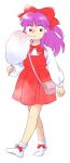  1girl bag bobby_socks bow bow_legwear bowtie collared_shirt cotton_candy dress eating flat_chest food full_body hair_bow hair_tubes hakurei_reimu hakurei_reimu_(pc-98) handbag holding holding_food long_hair long_sleeves nonamejd official_style pinafore_dress pink_bag puffy_long_sleeves puffy_sleeves purple_hair raised_eyebrows red_bow red_bowtie red_dress shirt simple_background sleeveless sleeveless_dress socks solo touhou touhou_(pc-98) violet_eyes walking white_background white_shirt white_socks zun_(style) 