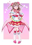  1girl absurdres bow brooch brown_hair choker cure_precious delicious_party_precure food gloves hair_bow heart heart_brooch highres jewelry keijirou_(mukunozaltusou) kome-kome_(precure) looking_at_viewer magical_girl nagomi_yui onigiri open_mouth pink_choker precure self_cosplay smile solo standing two_side_up violet_eyes white_gloves 