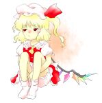  1girl ascot bloomers bobby_socks bright_pupils closed_mouth flandre_scarlet full_body hat hat_ribbon long_hair looking_to_the_side nonamejd official_style puffy_short_sleeves puffy_sleeves red_eyes red_ribbon red_skirt red_vest ribbon short_sleeves side_ponytail sitting skirt socks solo tears touhou v-shaped_eyebrows vest white_bloomers white_headwear white_pupils white_socks wings yellow_ascot zun_(style) 
